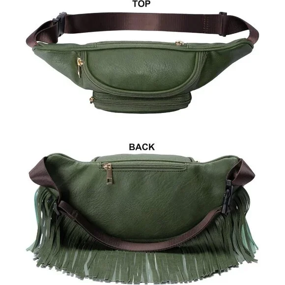 ? Women Green Fringe Multi Zipper Pockets Trendy Style Casual Wear Waist bag Lime Green Leather Fanny Pack: Double Zip Hip Bum Bag - Etsy main image 4